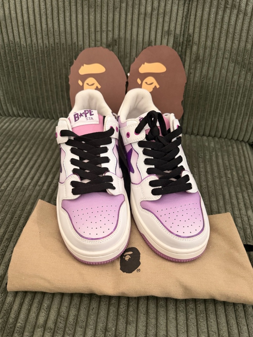 Bape Lavender & White Low-Top Sneakers with Black Laces